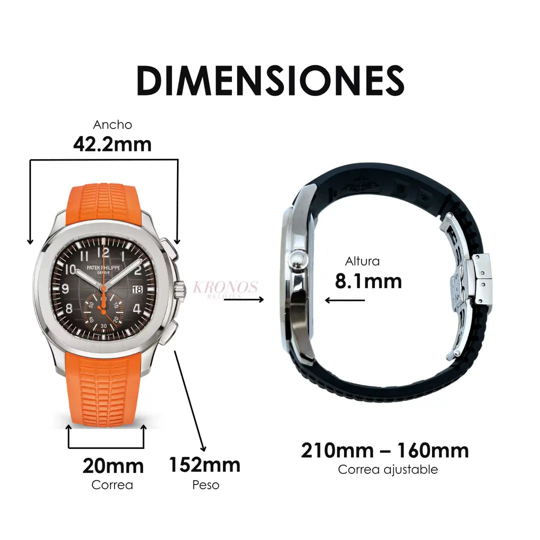 Chronograph Aquanaut inspirado lujo acero Kronos esfera naranja vista trasera