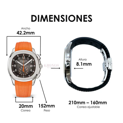 Chronograph Aquanaut inspirado lujo acero Kronos esfera naranja vista trasera