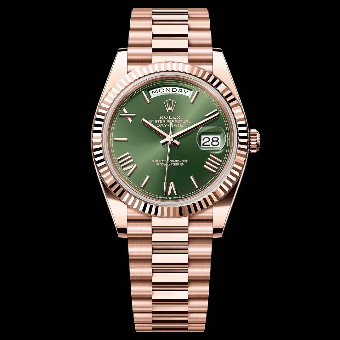 Day-Date Everose Gold esfera olive tipo President Kronos Relojes vista frontal