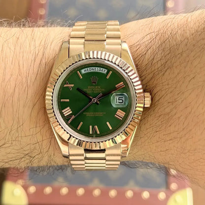 Pulsera President Everose Gold Day-Date dial olive Kronos maquinaria auténtica