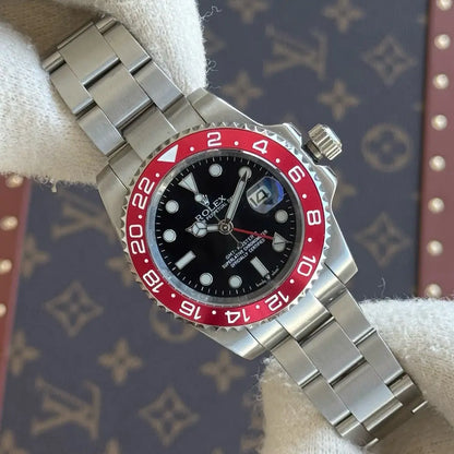 Reloj GMT-Master II Oystersteel frente Black Dial maquinaria auténtica Kronos