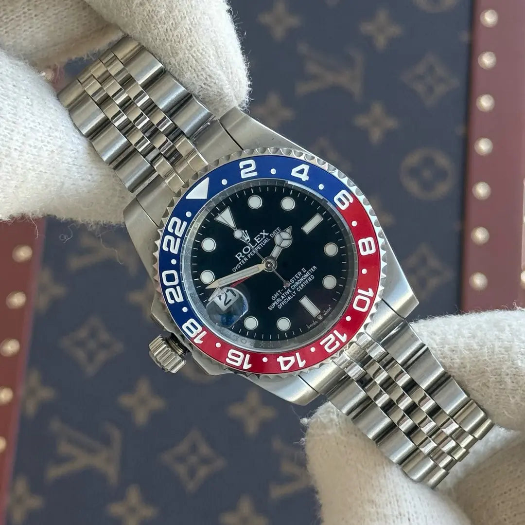 Reloj GMT-Master II estilo Pepsi acero inoxidable esfera negra - Kronos Relojes