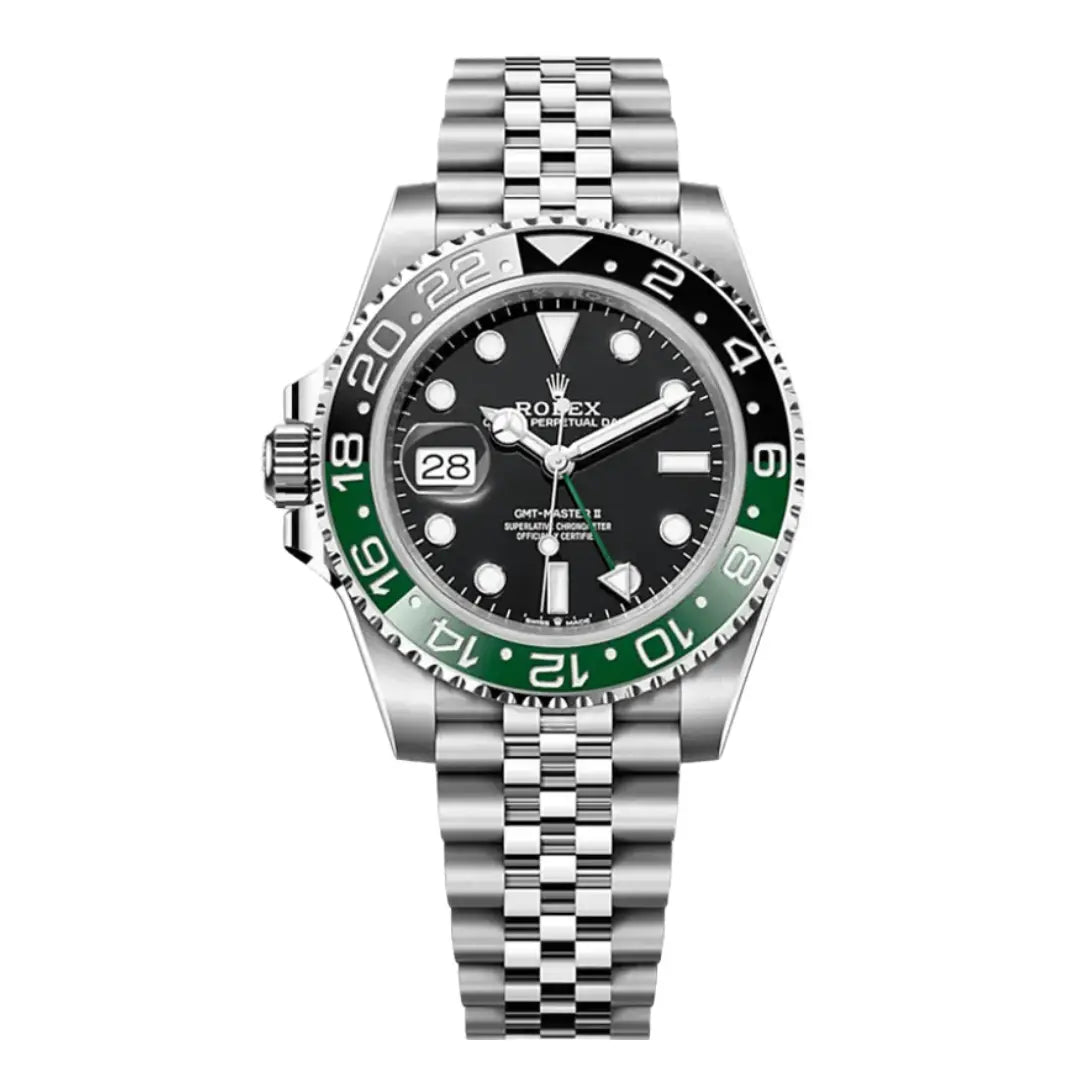 GMT-Master II Sprite Oystersteel esfera negra bisel verde Kronos Relojes vista frontal
