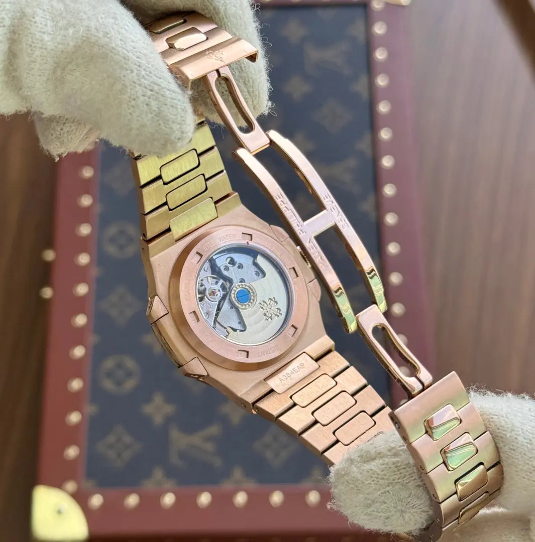 Reloj de lujo accesible Nautilus Rose Gold Kronos esfera chocolate premium