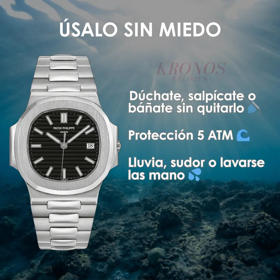 Detalle índices y manecillas Nautilus Steel Black Dial Kronos reloj premium
