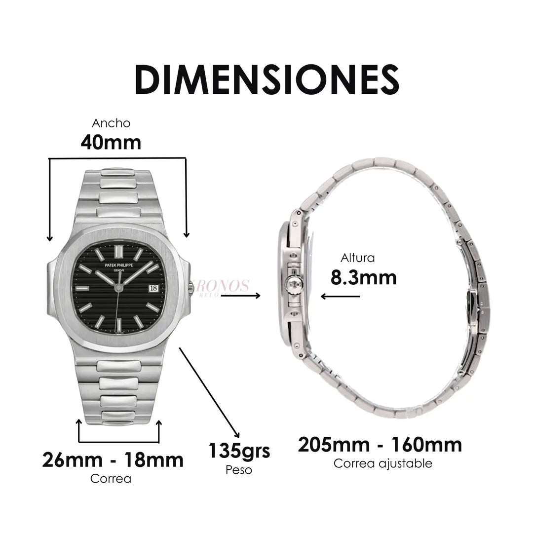 Detalle índices y manecillas Nautilus Steel Black Dial Kronos reloj premium