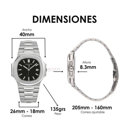 Detalle índices y manecillas Nautilus Steel Black Dial Kronos reloj premium