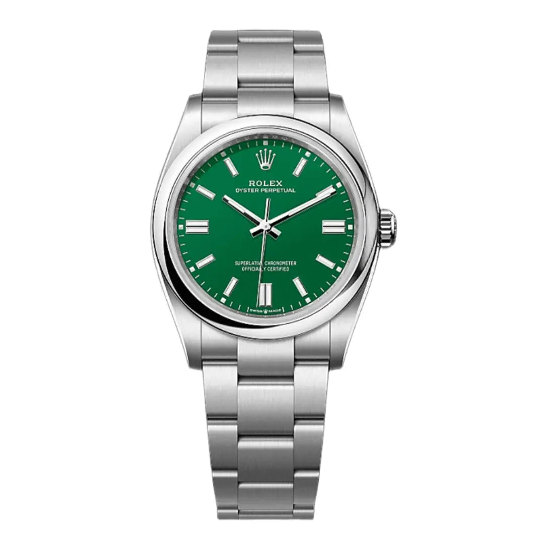 Reloj Oyster Perpetual Oystersteel Green Dial frente - Kronos Relojes