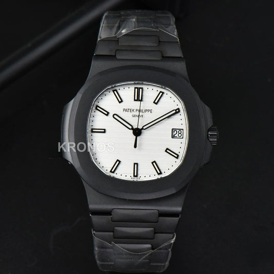 Nautilus All Black 40mm White Textured Dial PVD - Authentic Movement