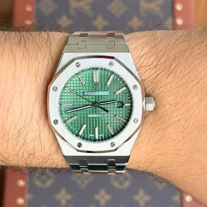 Royal Oak Green Dial acero inoxidable Kronos reloj de pulsera premium