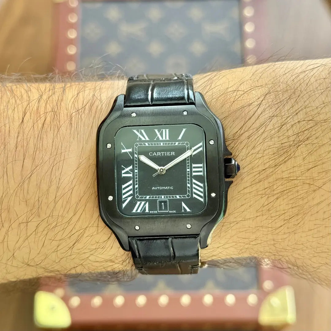 Santos Steel Black Dial maquinaria auténtica Kronos Relojes detalle