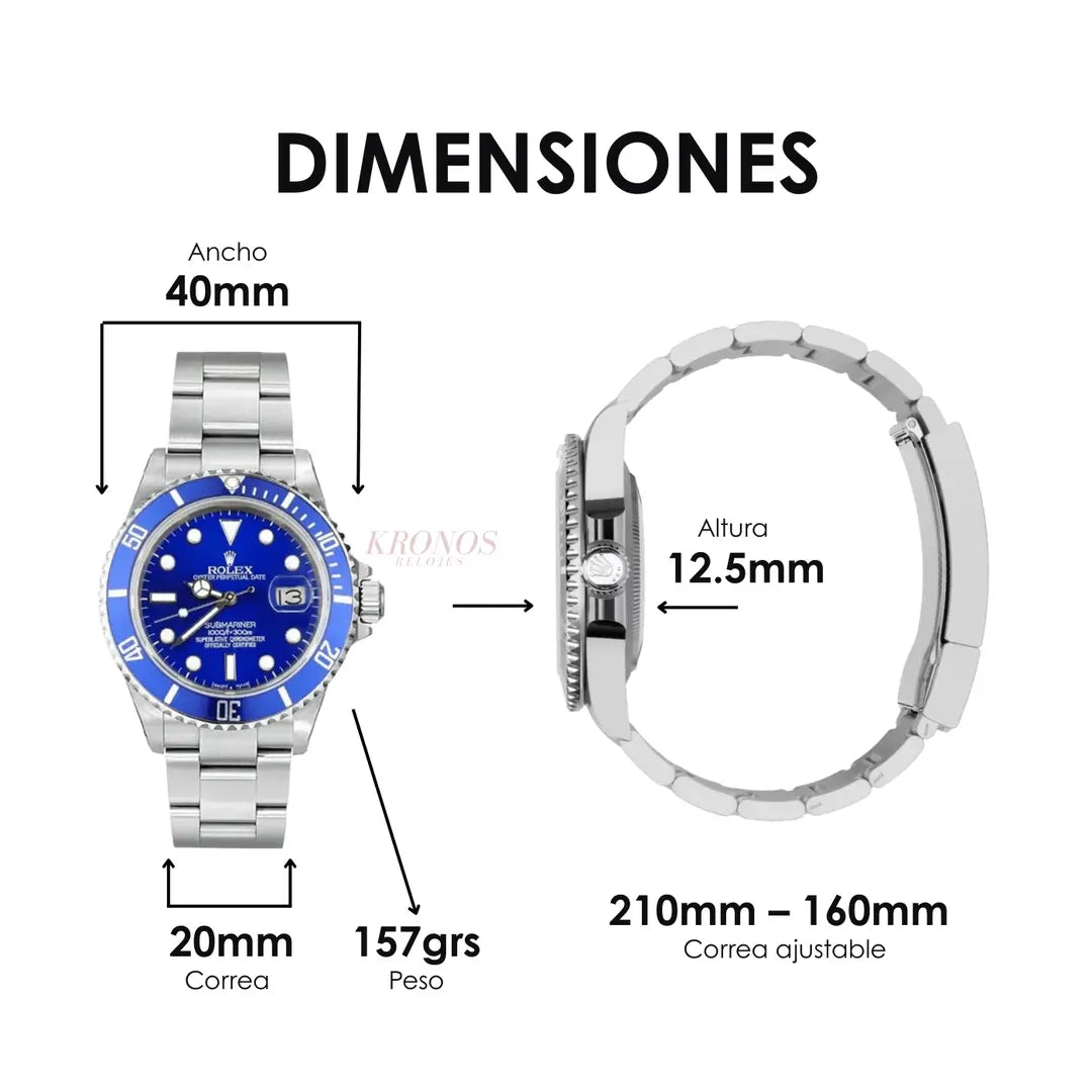 Reloj lujo accesible Submariner bezel azul maquinaria Kronos