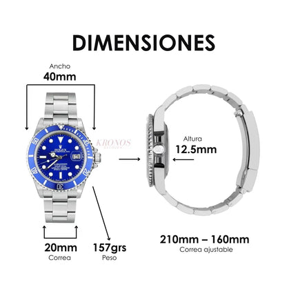 Reloj lujo accesible Submariner bezel azul maquinaria Kronos